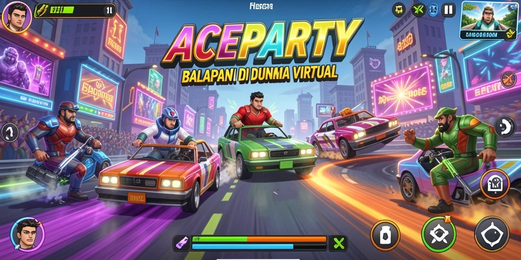 Screenshot gameplay ACEPARTY yang menampilkan balapan mendebarkan.