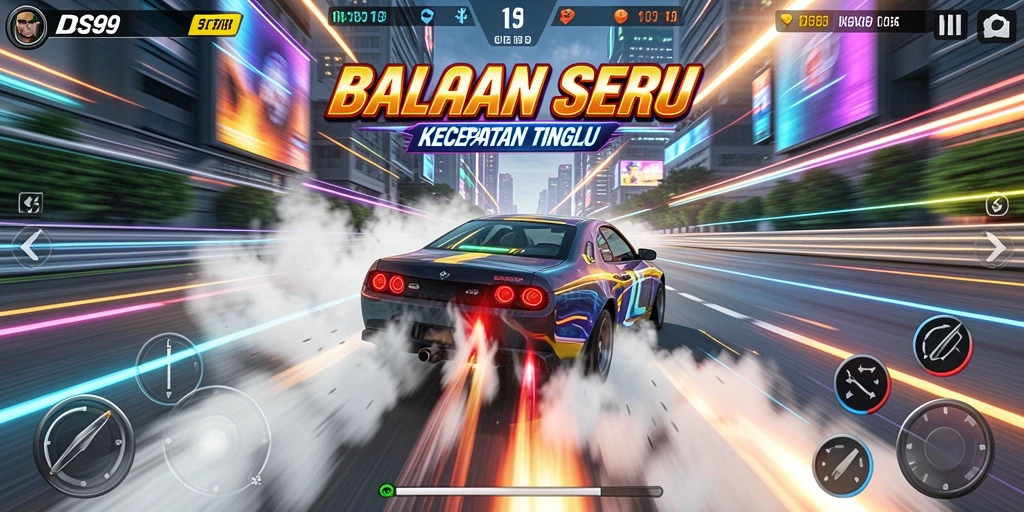 Gameplay seru dalam DS99 saat balapan di sirkuit yang menantang.