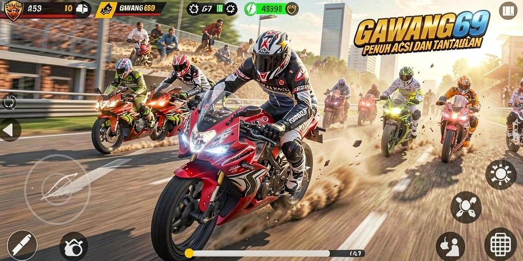 Screenshot menunjukkan balapan motor yang intens dan seru.