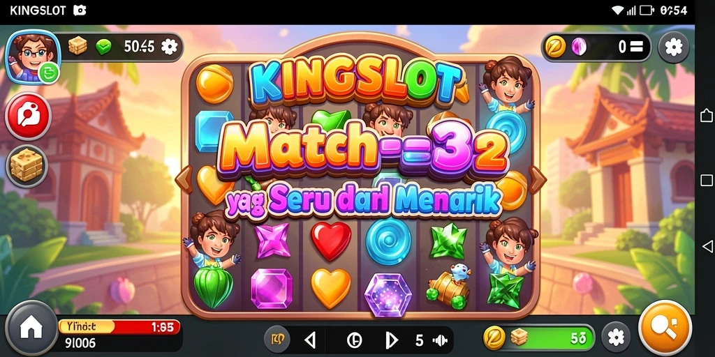 Gameplay Match-3 KINGSLOT dengan grafis menawan dan efek menarik.
