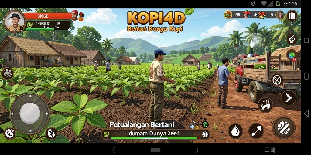 Tampilan gameplay KOPI4D yang indah di ladang kopi.