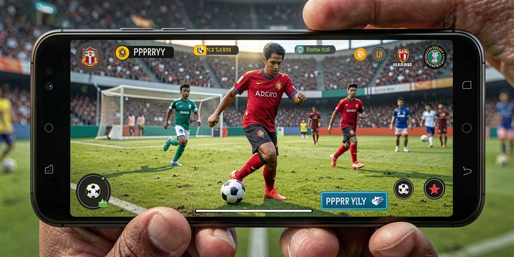 Screenshot utama PPRRYY menampilkan aksi seru di lapangan sepak bola.