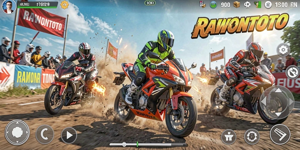 Gameplay mendebarkan dalam balapan motor RAWONTOTO.