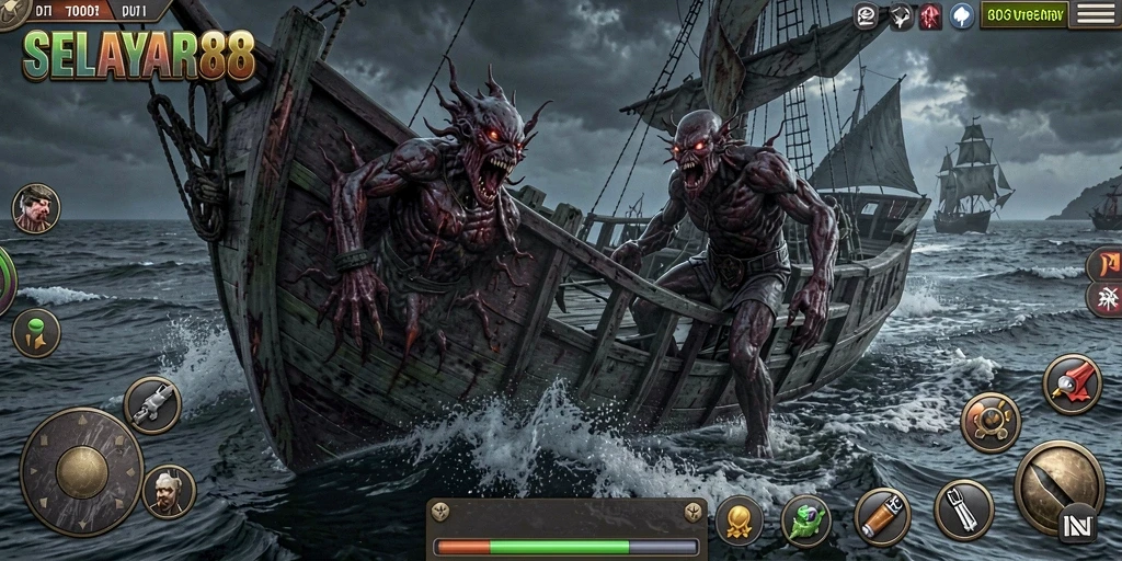 Gameplay menegangkan di lautan gelap dengan atmosfer horror yang mendalam.