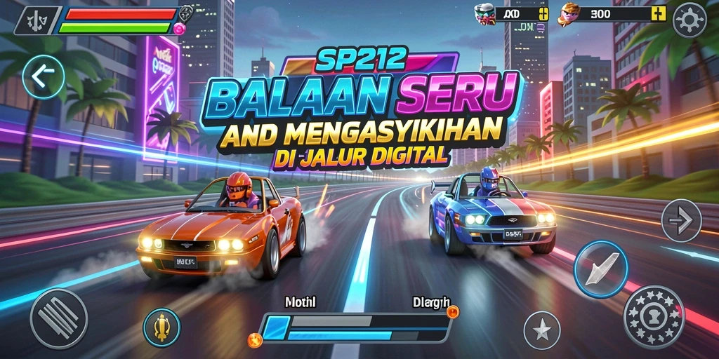 Screenshot SP212 menampilkan aksi balapan seru di trek yang menantang.